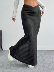 SHEIN MOOSTA Falda larga de cintura alta con diseño de cola de pez en gris, con abertura, falda estilizadora - Gris Oscuro - Ver 4
