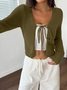 SHEIN Unity 女式纯色长袖系带休闲开衫，秋冬 - 綠色 - 查看 4