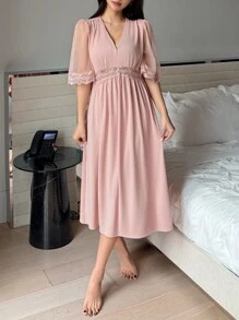 DAZY Lace Patchwork Sexy V-Neck Long Nightgown