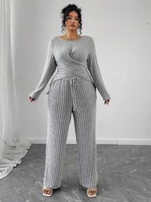Flirla Conjunto de 2 piezas de top de manga larga cruzado y envoltura informal talla grande talla otoñal y pantalones - Gris - Ver 3