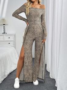 SHEIN LUNE Women's Leopard Print Slit Front High Cut One-Piece Jumpsuit