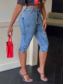 Solid Color Stretchy Sexy Skinny Capris With Button Split Hem - Rửa trung bình - Xem 5