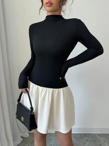 Selianne Women's Elegant Color Block Ruffle Hem Stand Collar Short Dress, Spring/Autumn Fall Cloth For Women - Black - View 4