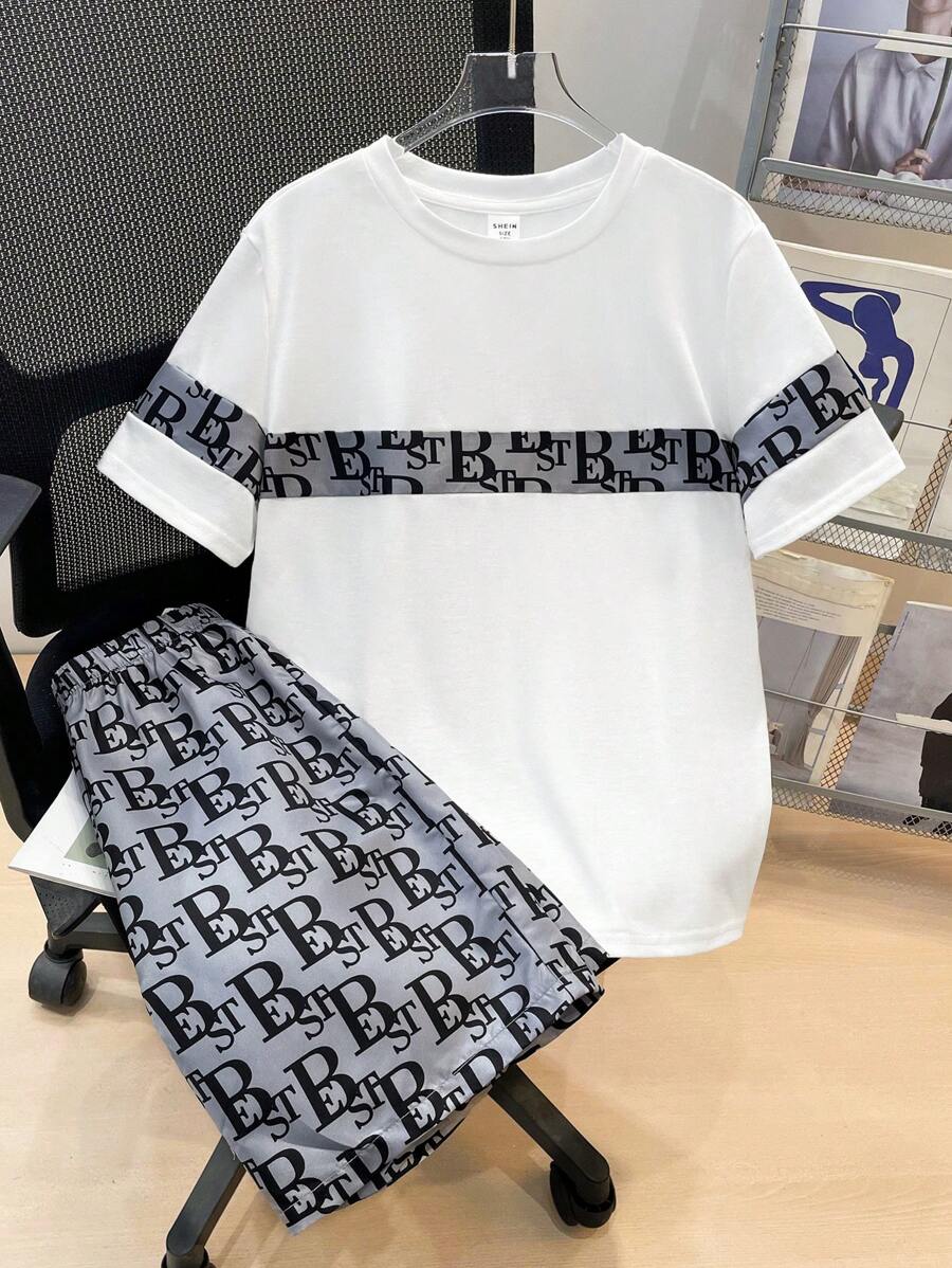 2pcs/Set Tween Boys Casual Loose Comfy Mix Pattern T-Shirt And Shorts Set, Suitable For Sports And School, Spring/Summer - Black - View 1