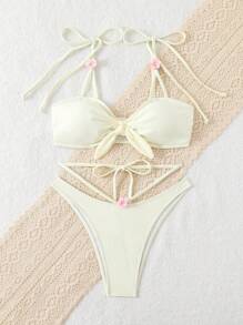SHEIN Swim Set de 2 bucăți de bikini sexy de vară pentru femei, pentru plajă și vacanță - Bej - Vizualizare 5