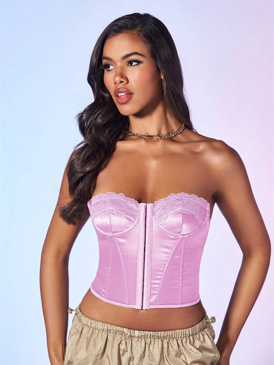 SHEIN BAE Top feminino de cor sólida com contraste de renda e bandeau - Baby Rosa - Ver 1