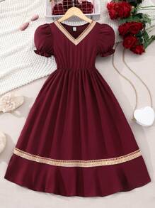 Tween Girls V-Neck Lace Panel Elegant Short Sleeve Dress - Burgundy - View 1