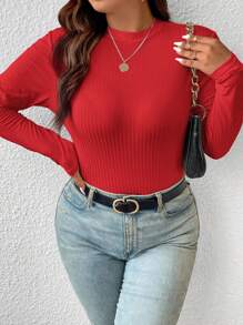 SHEIN Frenchy Plus Solid Ribbed Slim Fit Mock Neck Knit Tee - Red - View 4
