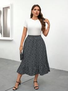 SHEIN LUNE Plus Size All-Over Print Minimalist A-Line Skirt, Casual For Daily Wear Vacation Outfits Woman Summer Outfits For Women Vacation Outfits Woman Bohemian Vacation Outfits Woman Summer Outfits For Women