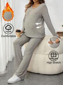 SHEIN 2 pièces/Set Blouse à manches longues col en V et pantalon unicolore, ensemble décontracté de maternité