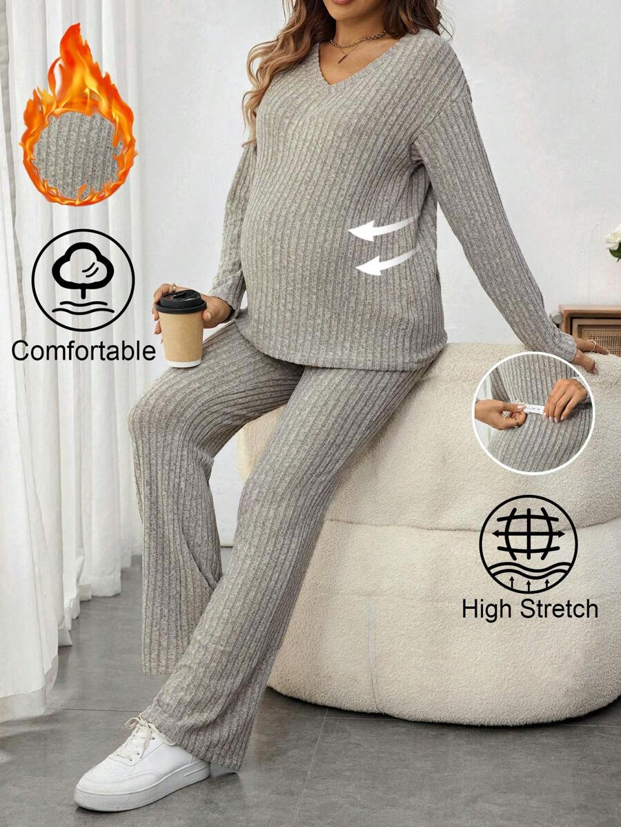 SHEIN 2 pièces/Set Blouse à manches longues col en V et pantalon unicolore, ensemble décontracté de maternité