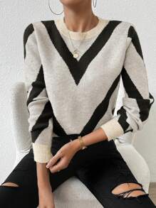 SHEIN PETITE 2024 Autumn/Winter New Arrival Geometric Stripe Pattern Pullover Sweater Knit Pullover Fall Sweater - Black and White - View 6