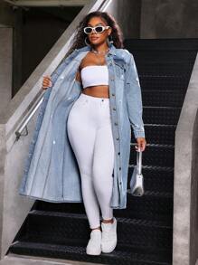 SHEIN Tall CURVE Plus Size Women Blue Denim Lapel Long Sleeve Long Jacket - Blue - View 7