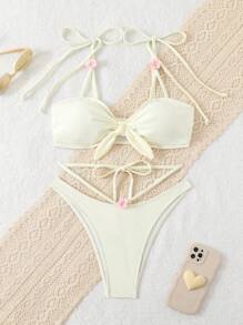 SHEIN Swim Set de 2 bucăți de bikini sexy de vară pentru femei, pentru plajă și vacanță - Bej - Vizualizare 1