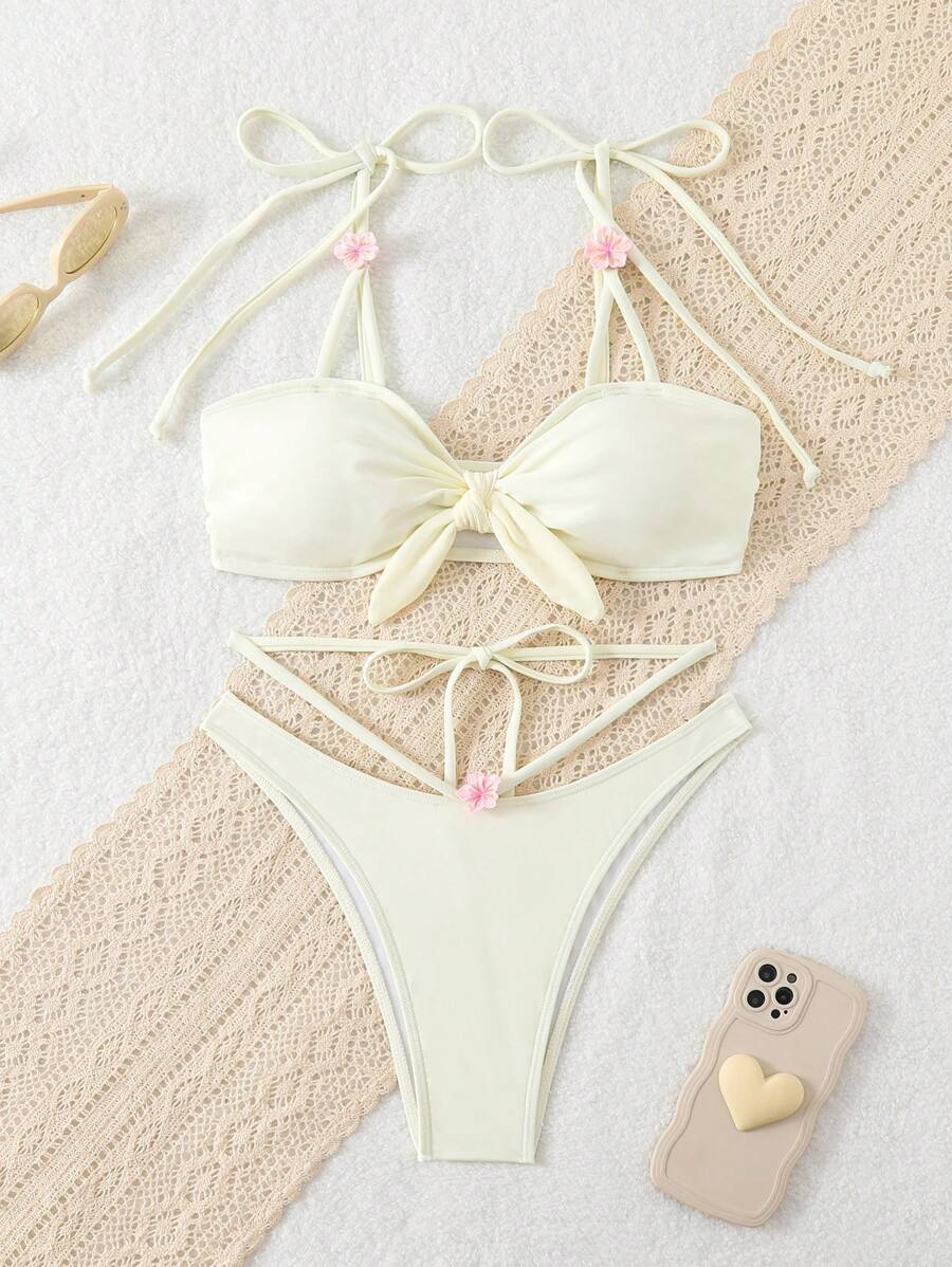 SHEIN Swim 夏季女士米色性感比基尼两件套,海滩和假日休闲装 - 米色 - 查看 1
