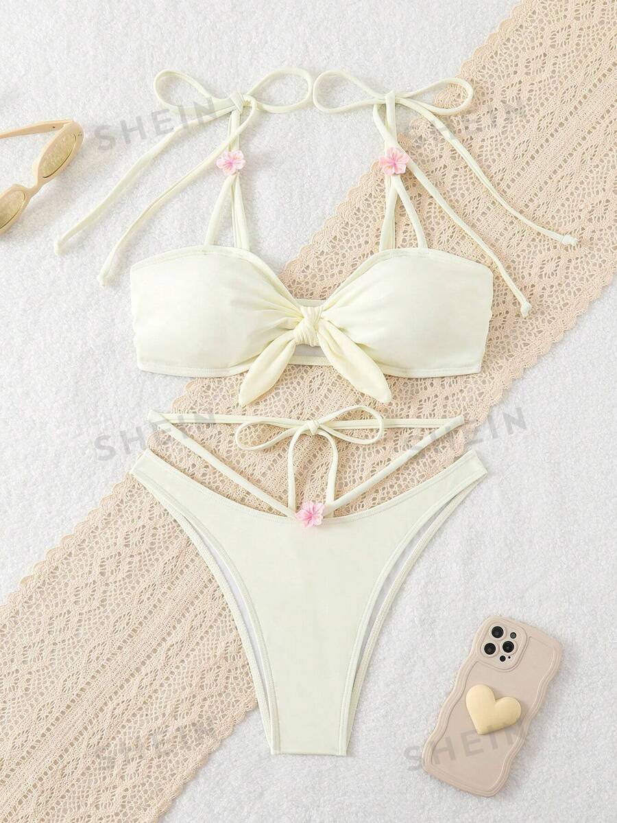 SHEIN Swim Set de 2 bucăți de bikini sexy de vară pentru femei, pentru plajă și vacanță - Bej - Vizualizare 1