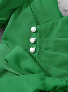 SHEIN Leap Crew 2pcs/Set Casual Solid Color Baby Girl Ruffled Short Sleeve Shirt And Elastic Waist Long Pants Set, Summer - Green - View 5