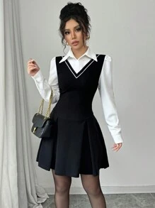 Gloray Sexy Elegant One-Piece Dress With Ruffle Collar And Cuffs, Fitted Waist, Pleated Mini , Stretchy Knit Fabric, Suitable For Daily, Date, Party Wear, Autumn/Winter