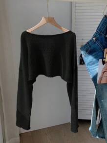 Comfortcana 大码女式纯色圆领蝙蝠袖上衣，秋冬 - 黑色 - 查看 2