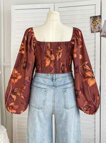 Soleia Plus Size Women's Retro Renaissance Style Brown Boat Neck Lantern Sleeve Cropped Blouse
