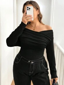 SHEIN Essnce Áo thun dài tay hở vai gợi cảm màu đen cỡ lớn thời trang thường ngày xuân thu cho nữ, áo cong, áo nữ gợi cảm, áo dự tiệc cho nữ, quần áo, áo dài tay, trang phục nữ, phong cách Old Money - màu đen - Xem 3