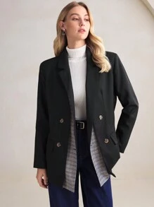 BizChic Blazer informal de mujer de doble capa con solapa a cuadros y parches, conjunto de ropa de mujer de otoño con aislamiento térmico