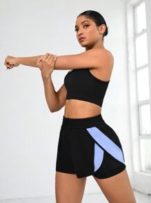 SHEIN Sports 女士休闲撞色短裤，二合一设计舒适短款骑行短裤 - 彩色 - 查看 5