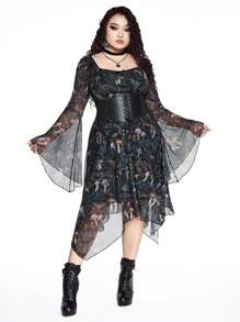 ROMWE Goth 大码不对称下摆哥特式森林蘑菇印花透明喇叭袖低胸休闲海滩度假派对连衣裙 - 黑色 - 查看 1