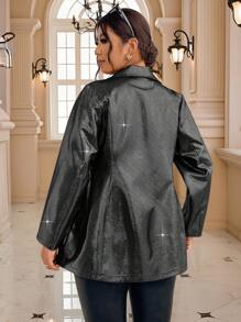 SHEIN Unity Women's Turndown Collar Shiny Striped Loose Casual Blazer Fall Cloth For Women - Black - View 2