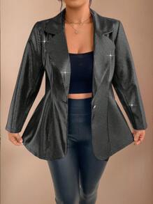 SHEIN Unity Women's Turndown Collar Shiny Striped Loose Casual Blazer Fall Cloth For Women - Black - View 3