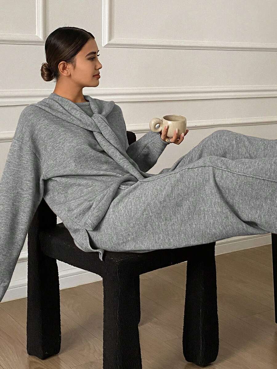 DAZY 3pcs/Set Knitted Casual Loose Design Robe Loungewear Set, Winter Pajama - Grey - View 1