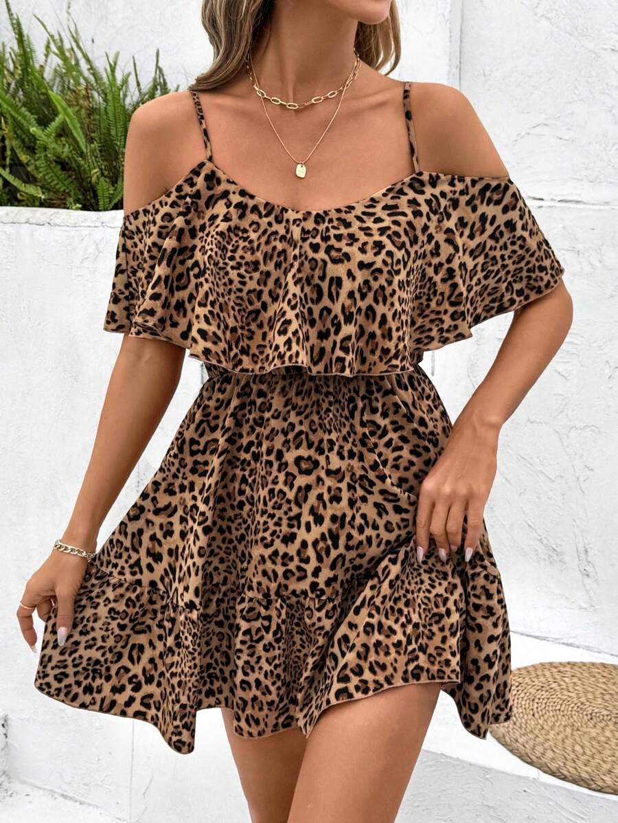 SHEIN Clasi Summer Holiday Outfits  Women's Elegant Brown Leopard Print Ruffle Ruffle V-Neck A-Line Mini Dress,Summer Dresses
Spring Clothes - Multicolor - View 1