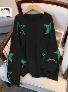 SHEIN LUNE Women's Star Pattern Jacquard Knit Crew Neck Sweater - Black - View 1
