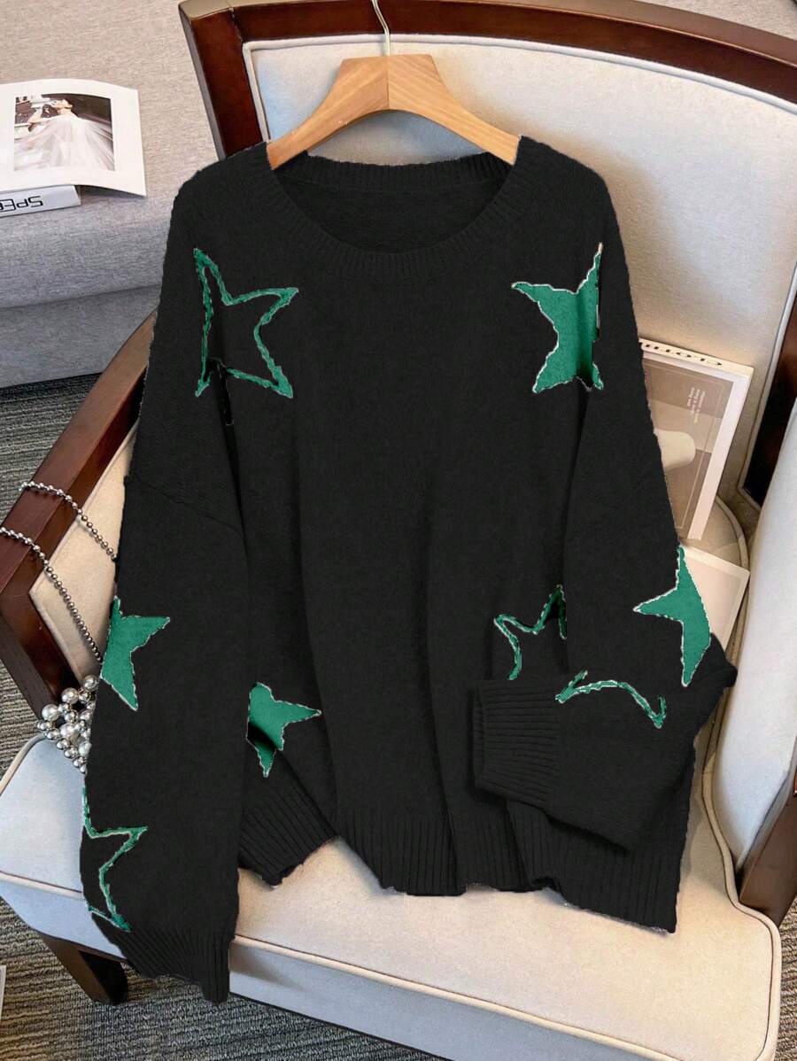 SHEIN LUNE Women's Star Pattern Jacquard Knit Crew Neck Sweater - Black - View 1
