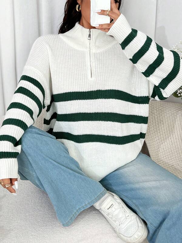 Flirla Plus Size Front Zip Long Sleeve Striped Casual Pullover Sweater