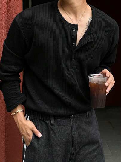 DAZY Men's Textured Fabric Solid Color Basic Half-Open Collar T-Shirt,Fall Long Sleeve Men Shirt