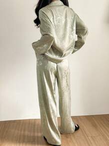 DAZY Chinese Style Bamboo Pattern Jacquard Satin Pajama Set, Fall Clothes - Grey - View 2