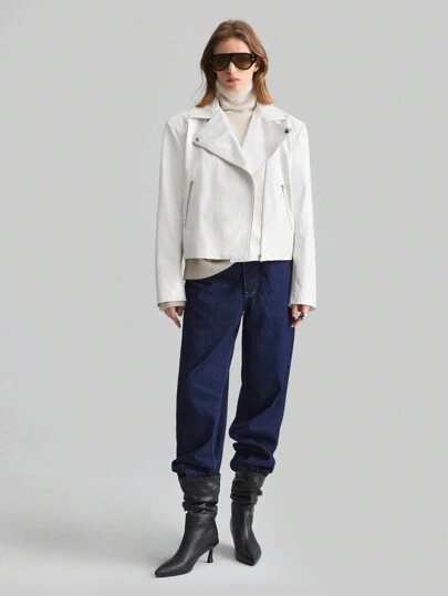 Ontre 女款2025新款白色情人节春新年PU皮革长袖拉链领机车夹克