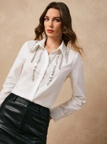Poéselle White Long-Sleeved Shirt,New Years Women Shirt,Long Sleeve Women Tops,Women Tops,Going Out Tops,New Years Eve ,Women's Rhinestone Decor Long Sleeve Single-Breasted Elegant Shirt,Suitable For Everyday, Commuting, Party,Going Out On The Street, Dating And Other Occasions