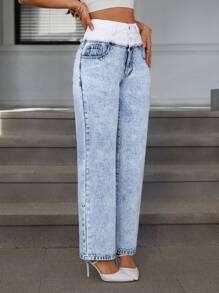 SHEIN Essnce Jeans droits à jambes larges avec double taille en patchwork, mode décontractée et polyvalente pour femme