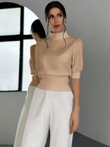 Firerie Women's Solid Color Stand Collar Waist Cinched Bubble Sleeve T-Shirt, Elegant And Suitable For Going Out In Spring And Summer