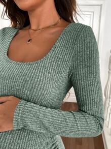 SHEIN Pregnant Women Square Neck Long Sleeve Ribbed Slim Casual Dress, Autumn Maternity Dress - Green - View 5