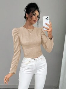 Selianne Damen elegantes einfarbiges Hemd mit Schleifenrücken und Ballonärmeln, Herbst/Winter