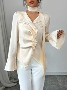 Elenzga Women's Elegant Solid Color Flared Sleeve Blouse