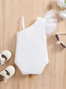SHEIN Newborn Baby Girl Cute Summer Ruffled Strap Knitted Bodysuit - White - View 2
