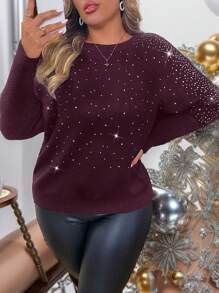 SHEIN Clasi Suéter con cuello redondo, manga larga y adornos de strass, talla grande