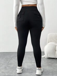 SHEIN Essnce 大码女式工装裤，黑色紧身裤，2 个口袋，女式连衣裙，瑜伽裤，喇叭裤，保暖女式紧身裤，女式紧身裤，女式慢跑裤，街头服饰，女式冬季紧身裤，冬季紧身裤，女式紧身裤 - 黑色 - 查看 4