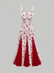 ROMWE Kawaii Elegancka, dopasowana, rozkloszowana sukienka w kolorze truskawkowym z nadrukiem świątecznym