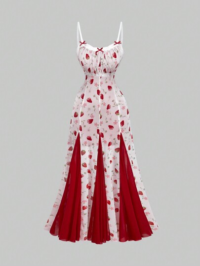 Kawaii Elegant Christmas Strawberry All-Over Print Fitted Flare Dress