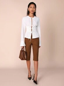 COSMINA Pantalones largos para mujer con dobladillo dividido a media pantorrilla, color marrón - Marrón - Ver 4